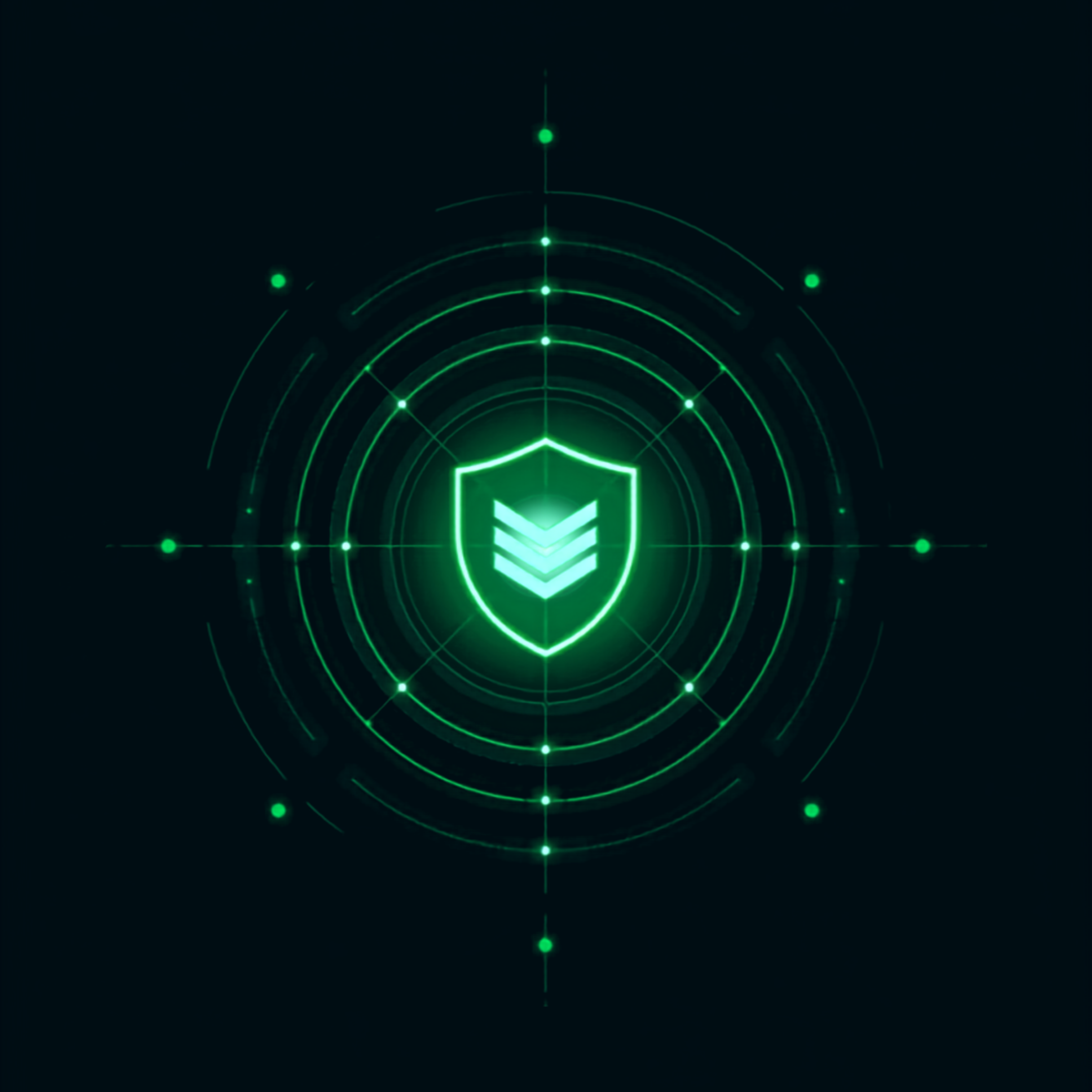Abstract OpsecFusion security aperture with concentric radar rings and a focal chevron