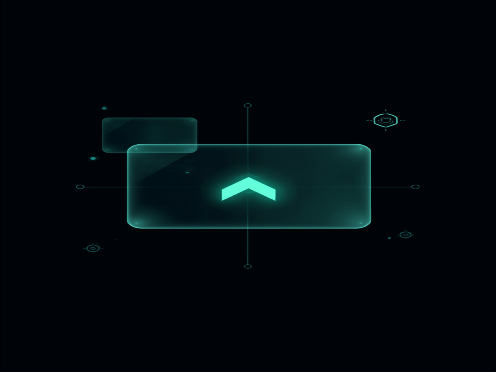A glowing cyber range console with floating panels and a focal chevron
