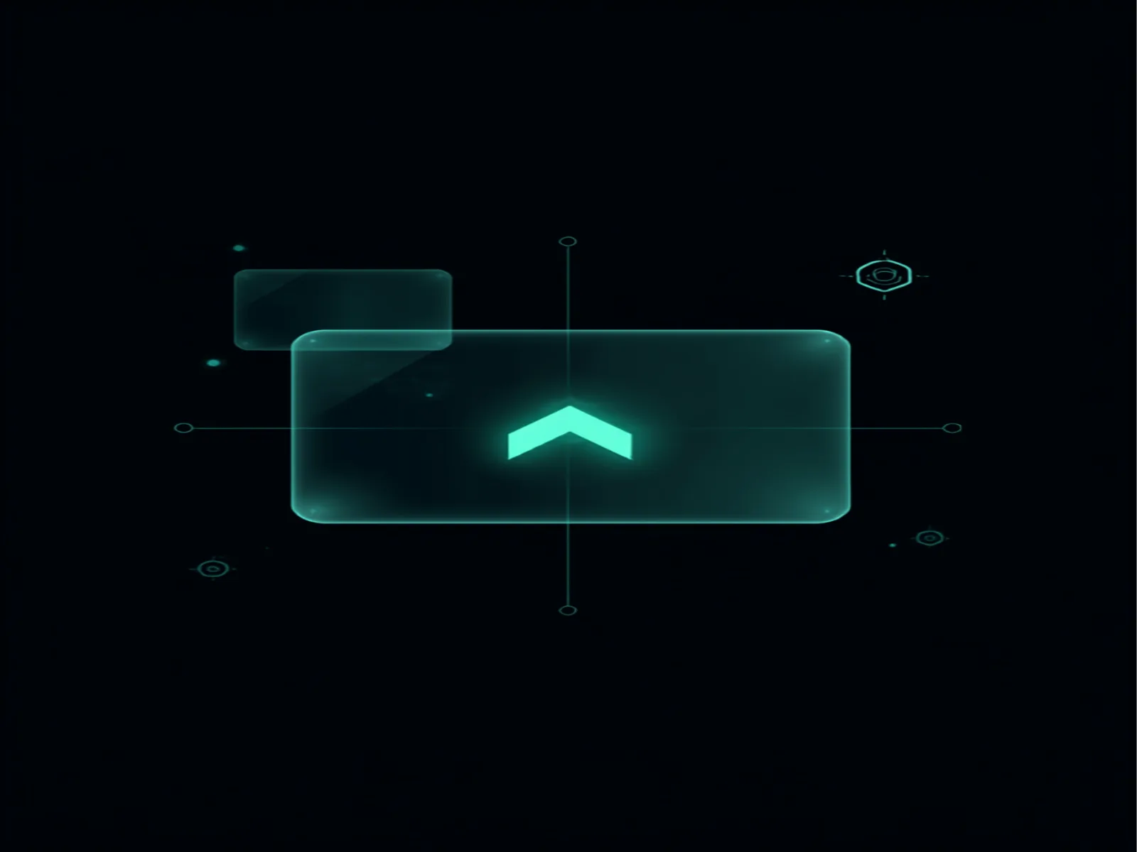 A glowing cyber range console with floating panels and a focal chevron
